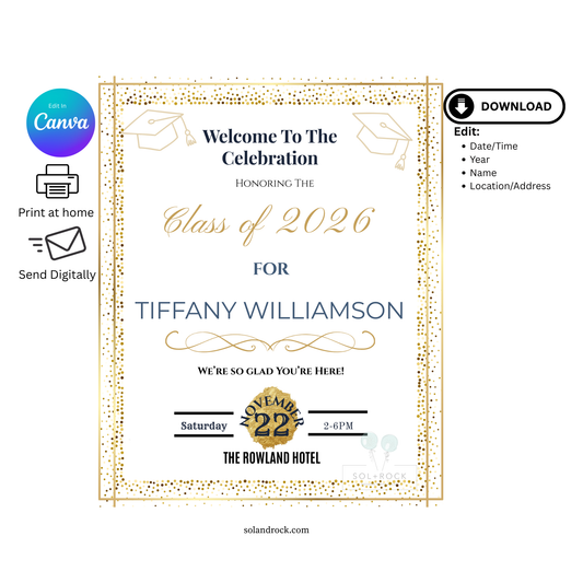 2026 Graduation Welcome Sign Template - 8x10 Navy and Gold Graduation Party Poster - Class of 2026 Entrance Decor - Editable Canva Template
