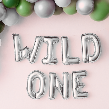 Silver 'WILD ONE' balloons on a pink background with colorful balloons at the top.