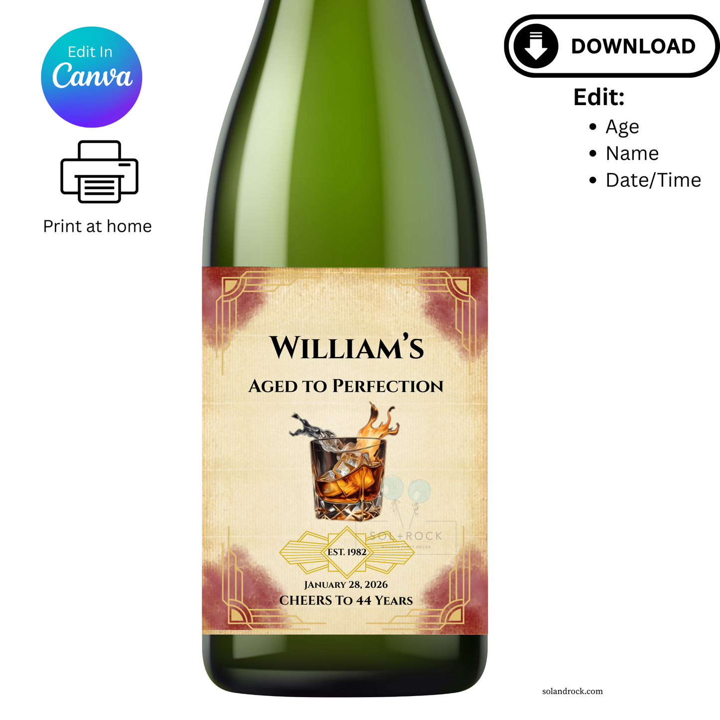 Aged to Perfection Wine & Liquor Bottle Label - Editable Template