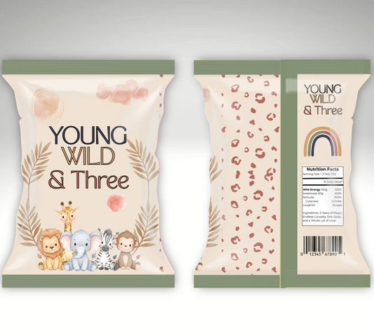 Two packaging designs for 'Young Wild & Three' on a gray background