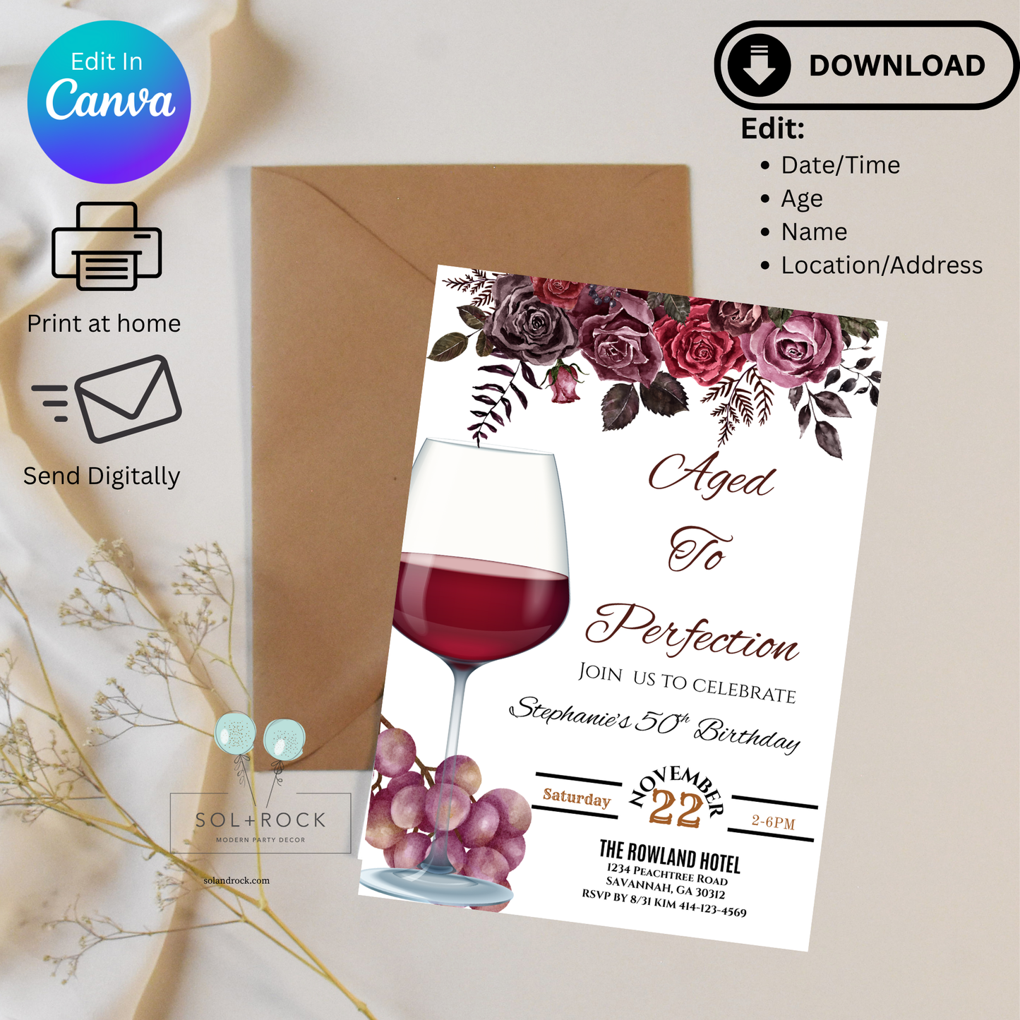 Birthday invitation card with wine glass and flowers on a beige background