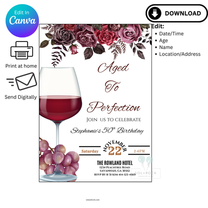Birthday invitation card with wine glass, roses, and grapes on a white background