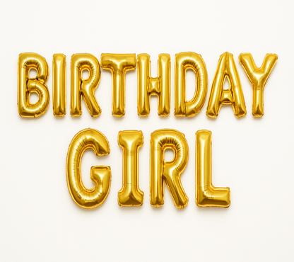 BIRTHDAY GIRL in GOLD foil letter balloons on white background. 
