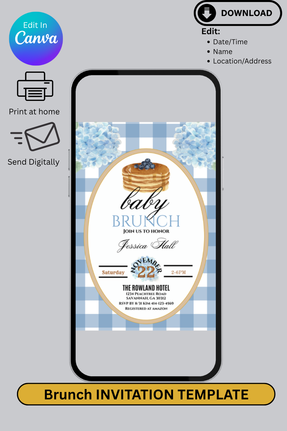 Baby brunch invitation template on a smartphone screen with Canva branding.