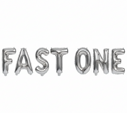 FAST ONE in silver foil letter balloons on white background. All letters should be the same size with no strings.