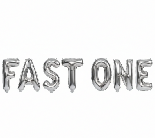 FAST ONE in silver foil letter balloons on white background. All letters should be the same size with no strings.