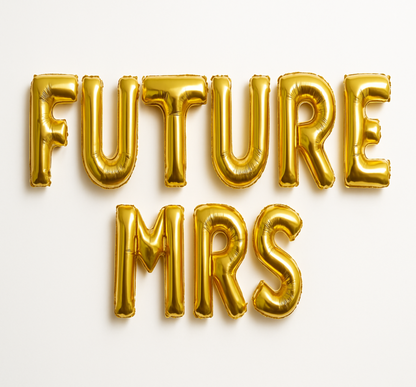 FUTURE MRS in gold foil letter balloons on white background. All letters should be the same size with no strings.