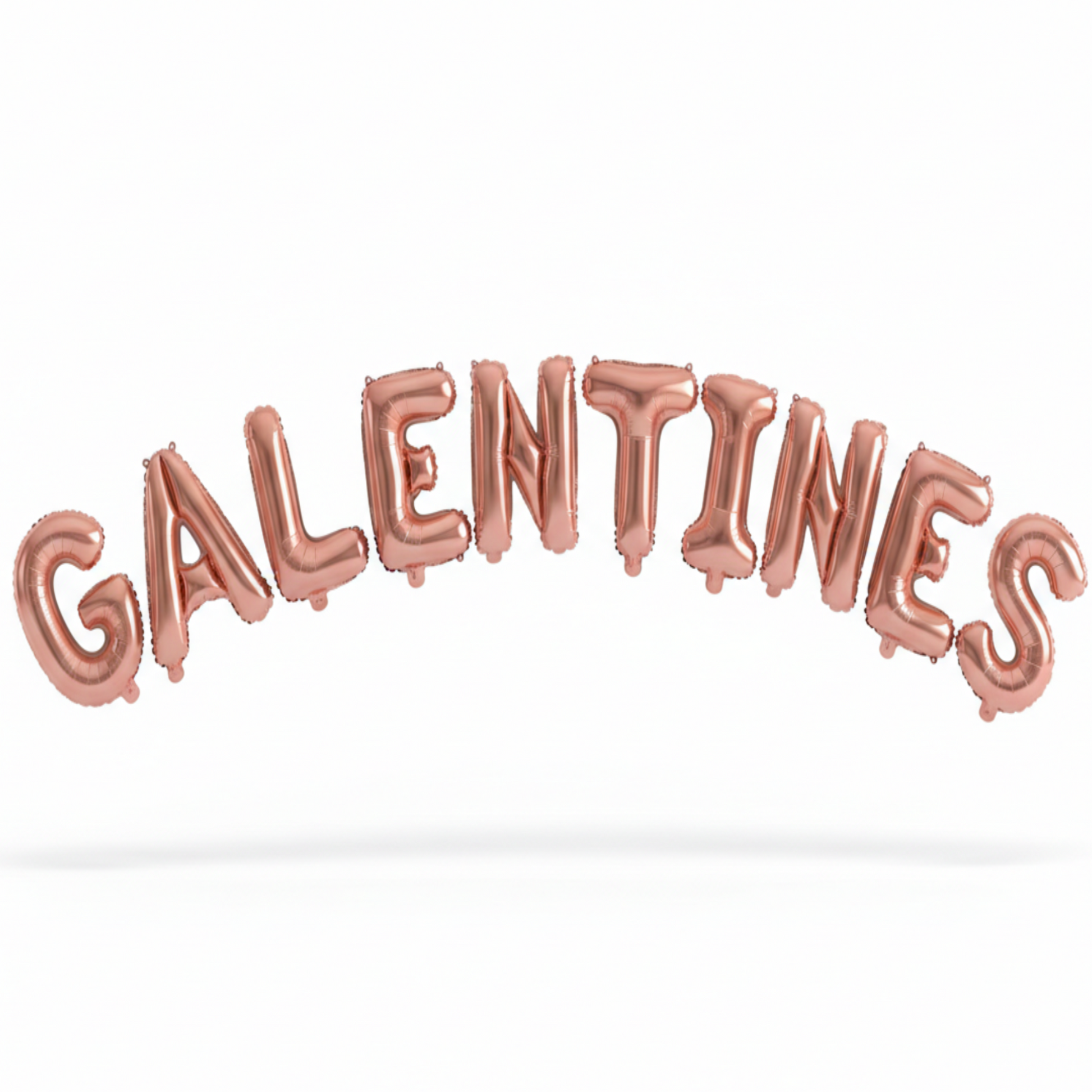 GALENTINES in rose gold foil letter balloons on white background. All letters should be the same size with no strings.