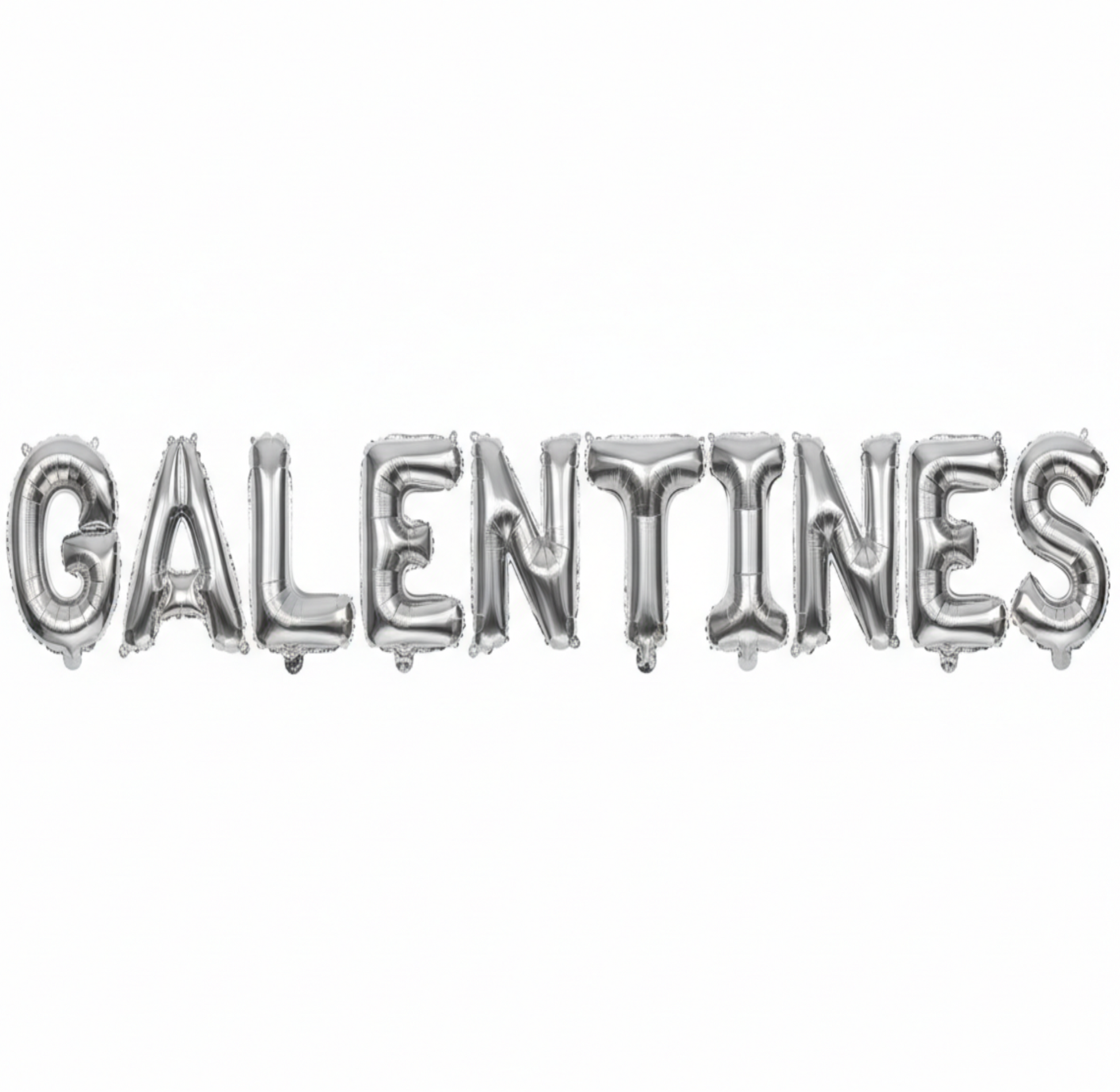 GALENTINES in silver foil letter balloons on white background. All letters should be the same size with no strings.