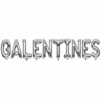 GALENTINES in silver foil letter balloons on white background. All letters should be the same size with no strings.