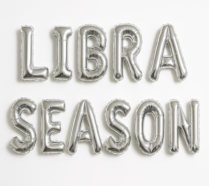 LIBRA SEASON in silver foil letter balloons 