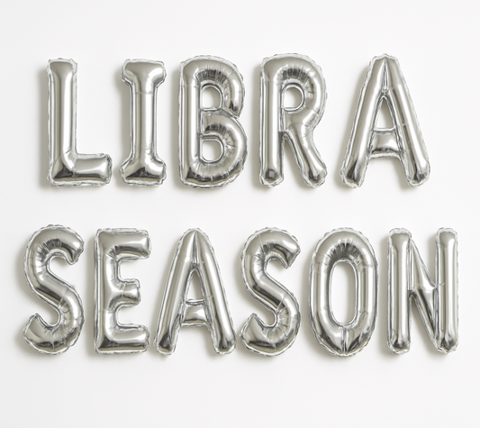 LIBRA SEASON in silver foil letter balloons 