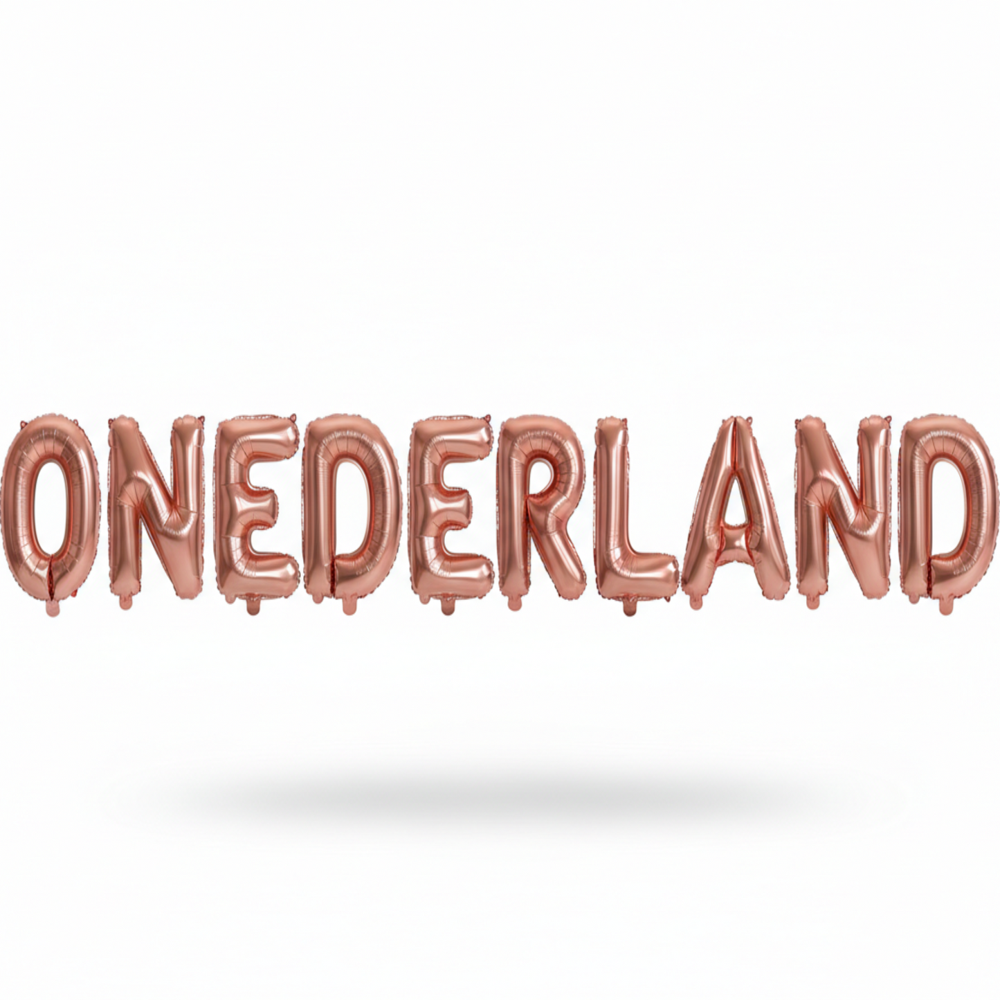 ONEDERLAND in rose gold foil letter balloons on white background. All letters should be the same size with no strings.