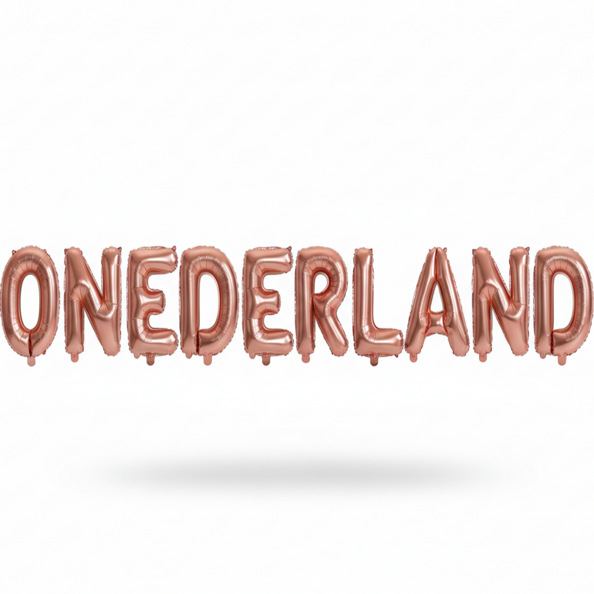 ONEDERLAND in rose gold foil letter balloons on white background. All letters should be the same size with no strings.