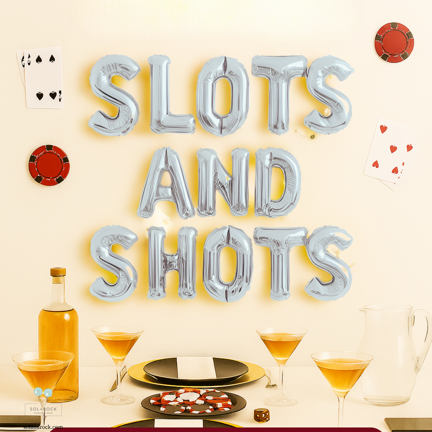 Slots and Shots Foil Letter Balloon Banner - Casino Theme Party Decor for Bachelorette, Vegas Nights, and Game Nights