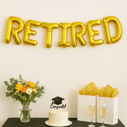 Foil letter balloons spelling RETIRED for retirement party decor