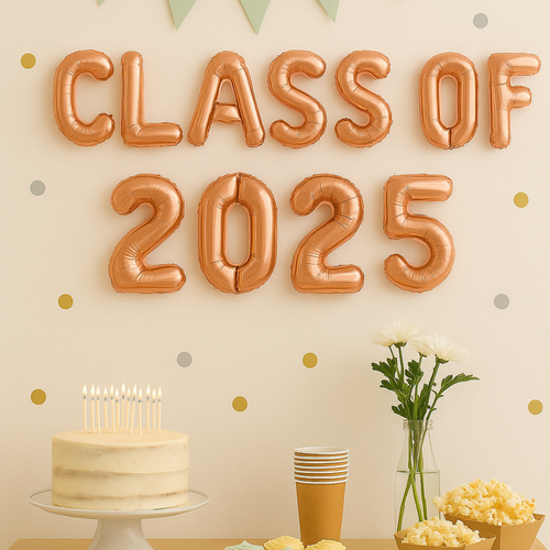 Class of 2025 rose gold graduation balloons set