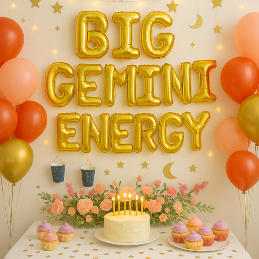 Gemini birthday table with gold foil “GEMINI” balloons above pastel cake and party accessories