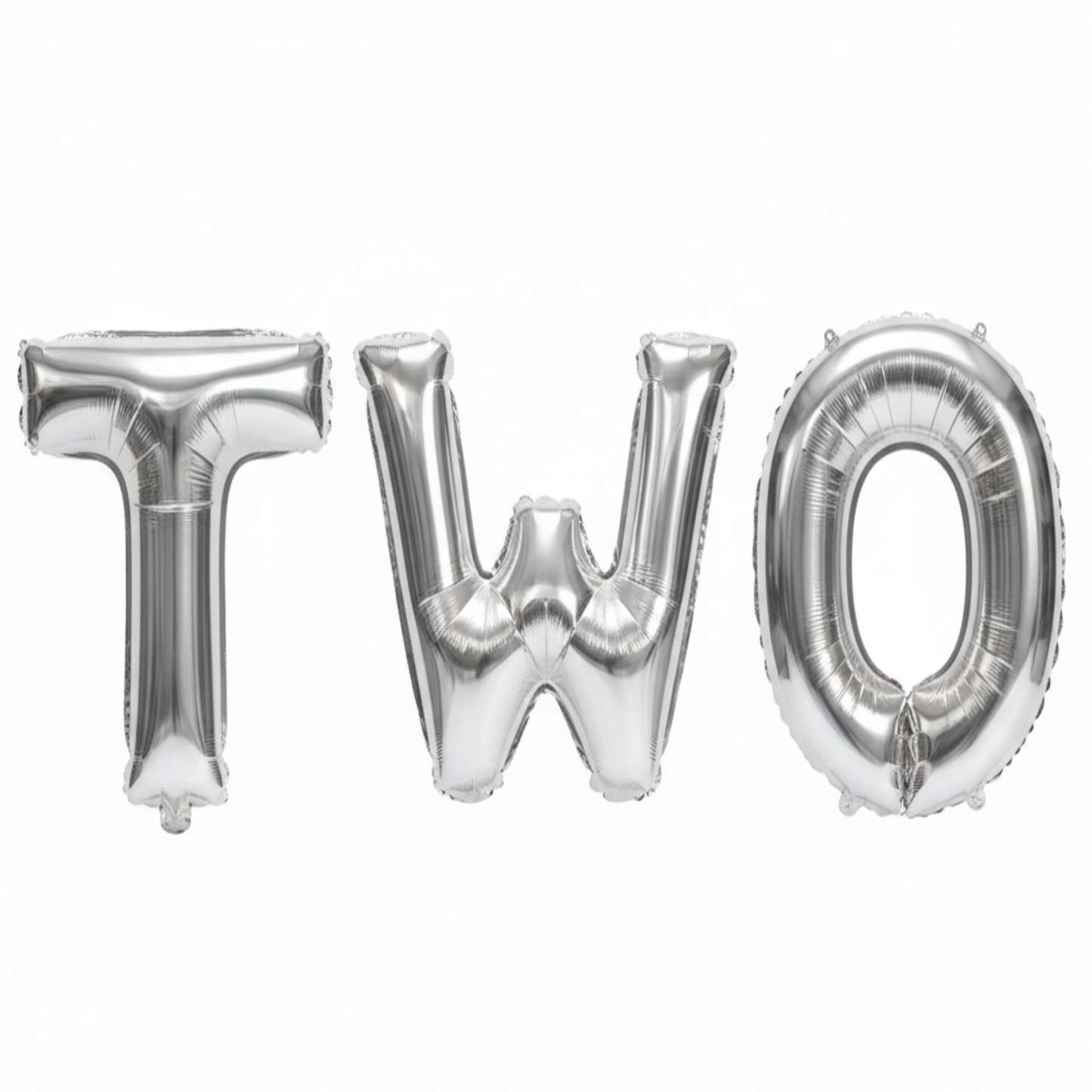 TWO in silver foil letter balloons on white background. All letters should be the same size with no strings.