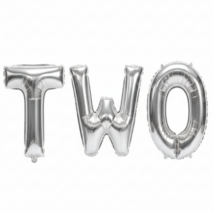 TWO in silver foil letter balloons on white background. All letters should be the same size with no strings.