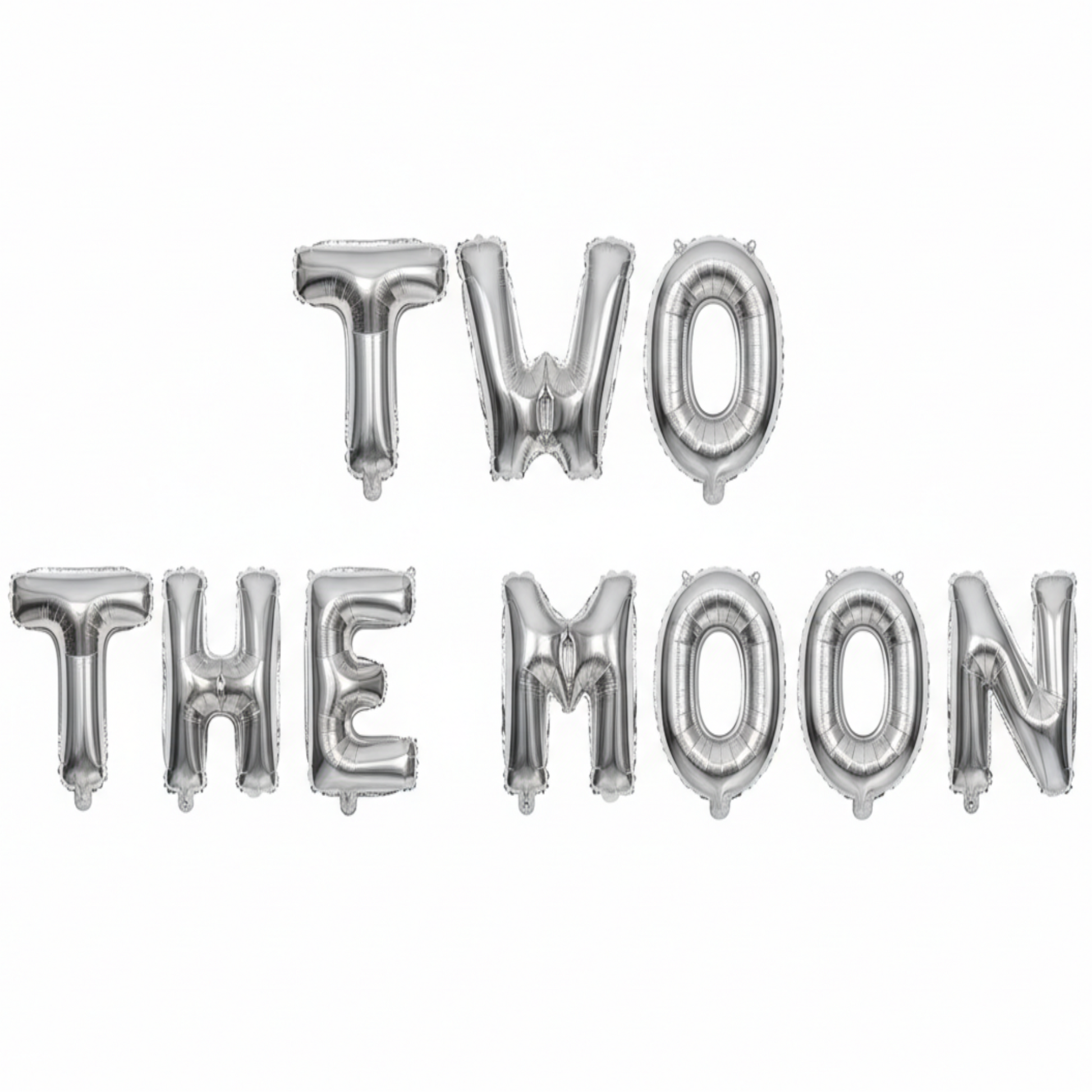 TWO THE MOON in silver foil letter balloons on white background. 
