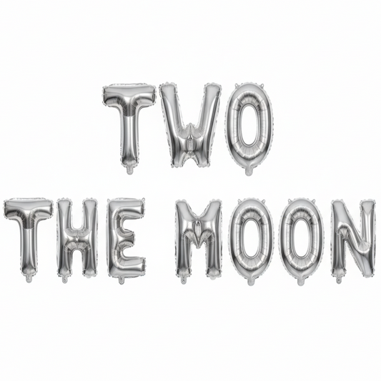 TWO THE MOON in silver foil letter balloons on white background. 
