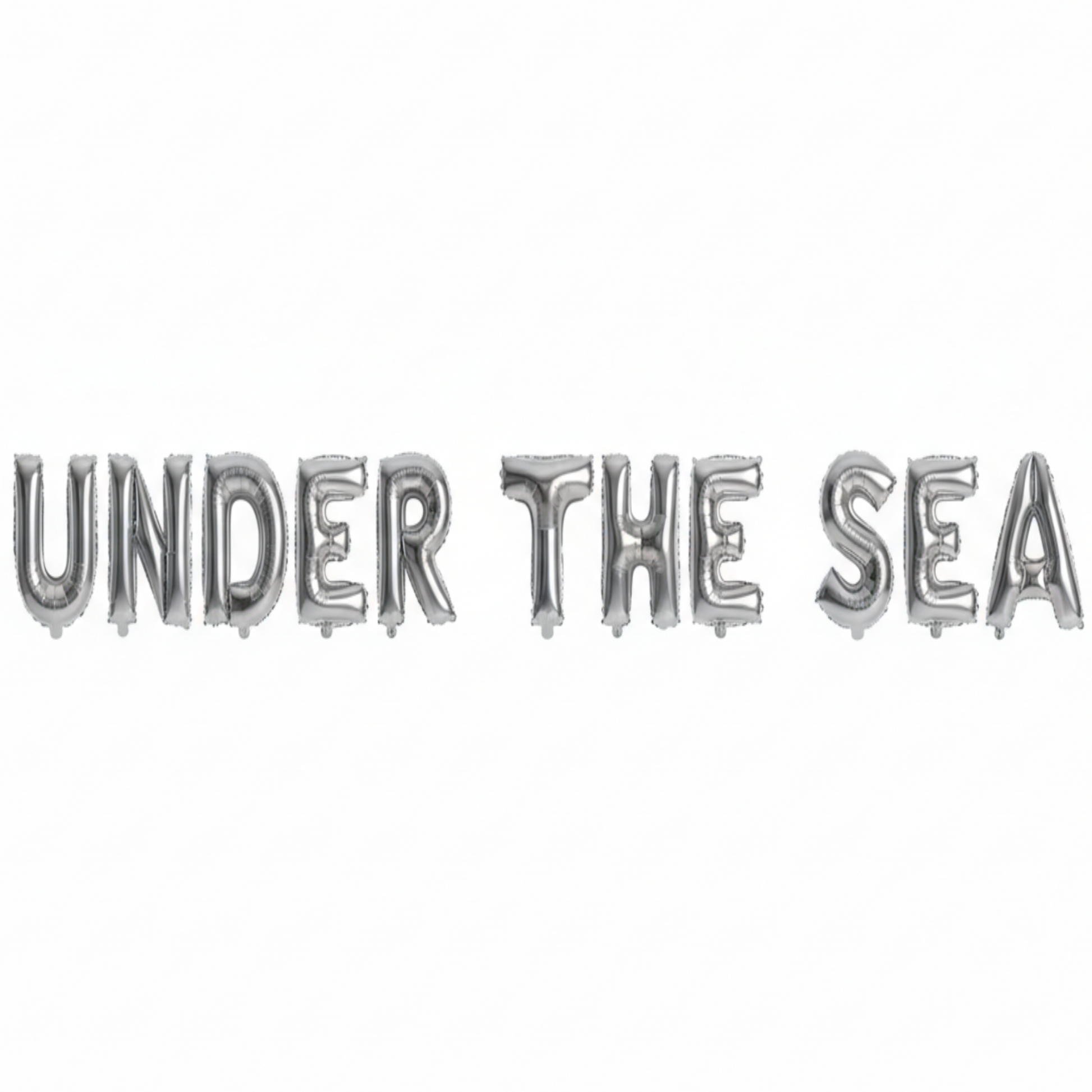 Under The Sea in silver foil letter balloons on white background. All letters should be the same size with no strings.